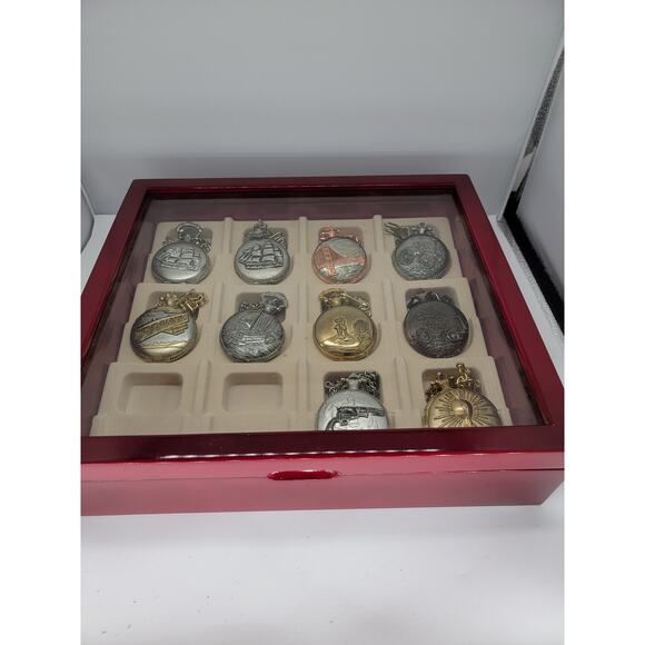 Beautiful Red Wood Glass Top Pocket Watch Ornate Display Case Holds 12 Case Only - Picture 1 of 4